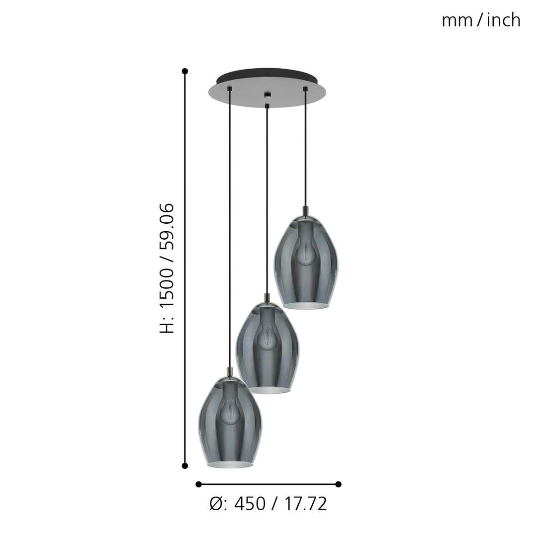 Hängeleuchte Estanys nickel-nero Glas bedampft schwarz-transparent 3X60W H:150 Ø 45 cm in